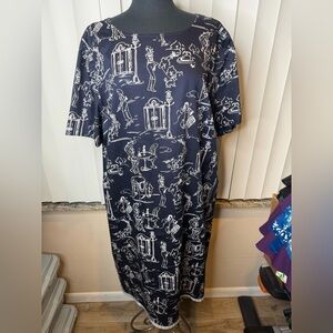 Talbots Dark Navy Blue 100% Cotton Short Sleeve Graphic Print Midi Dress SZ 22W